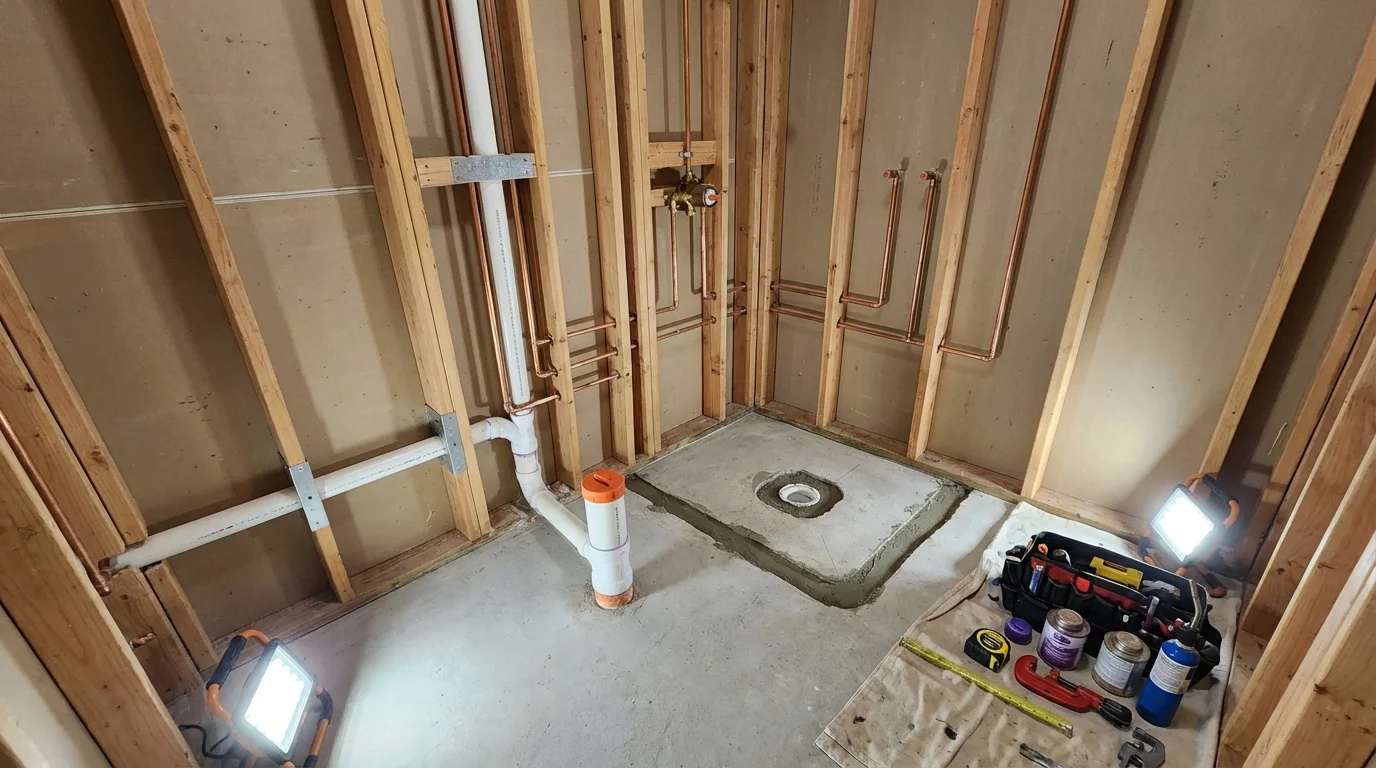 Bathroom rough-in plumbing during remodel by Johns Plumbing LLC in Bayou La Batre