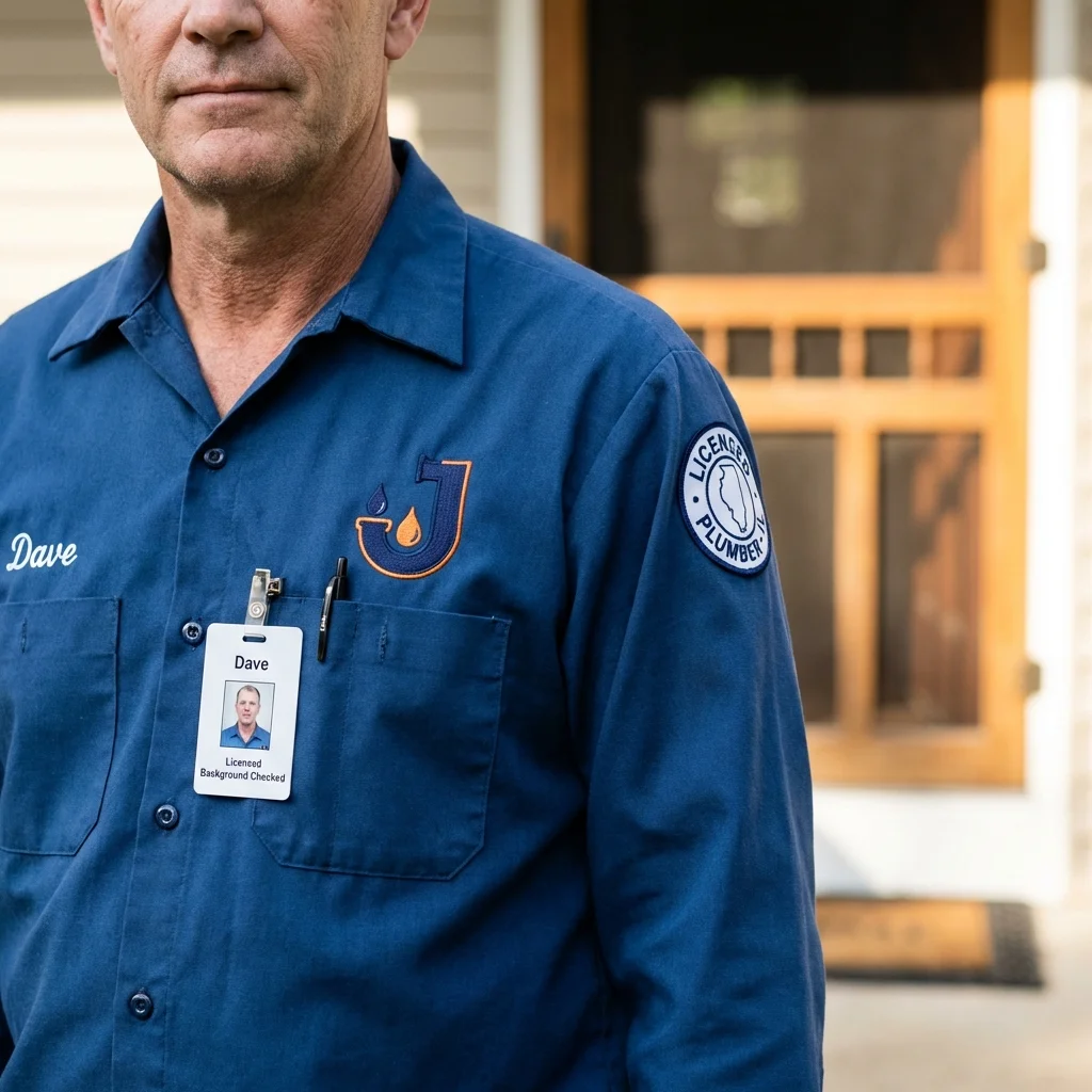 Licensed plumber showing ID badge in Bayou La Batre, AL