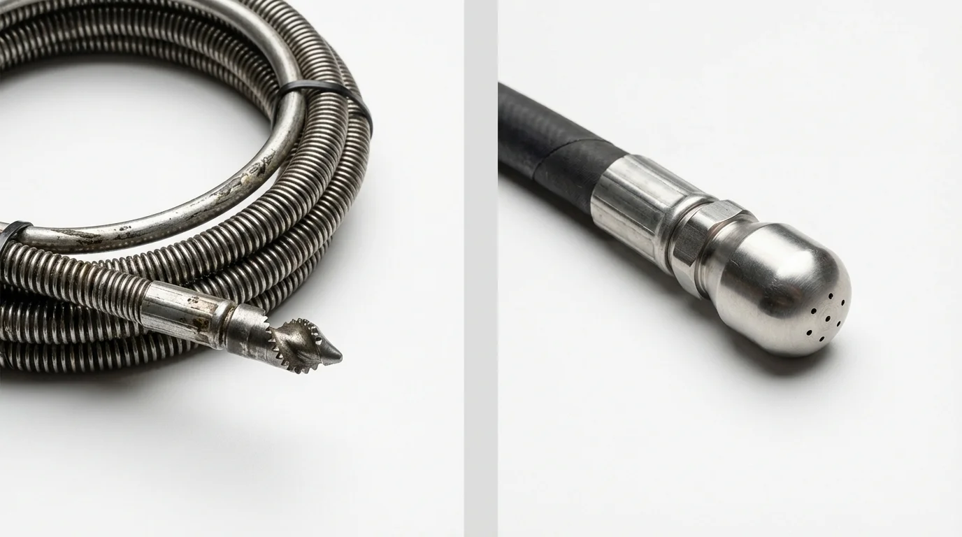 Drain snake cable and hydro jetting nozzle used for drain cleaning in Bayou La Batre, AL