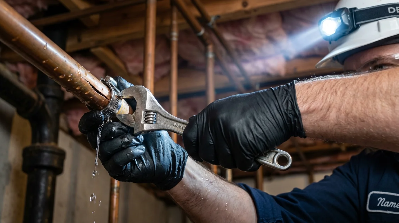 Emergency pipe clamp repair being performed by a Johns Plumbing LLC plumber in Bayou La Batre