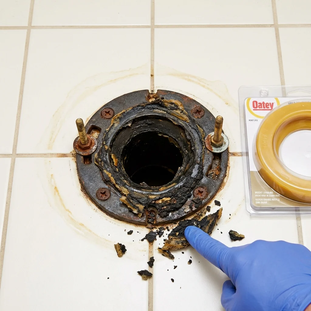 Failed wax ring showing water seepage at the base of a toilet in a Bayou La Batre, AL home