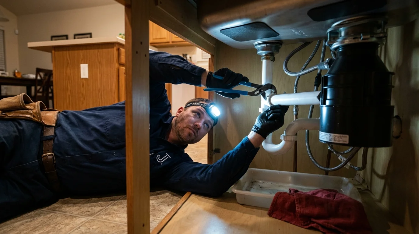 P-trap and supply line connections under a kitchen sink showing a common leak point in Bayou La Batre, AL